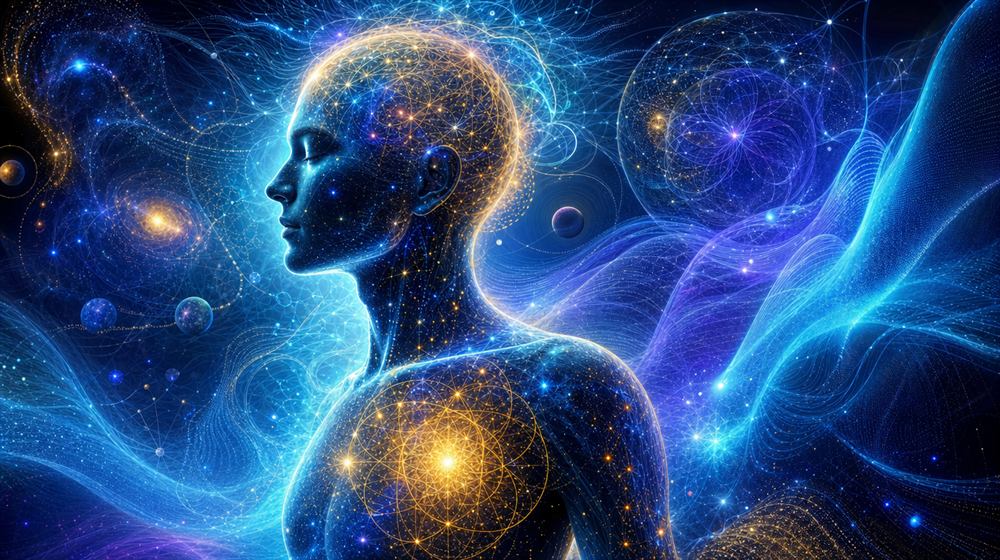 Perfil humano com rede de luz dourada na mente