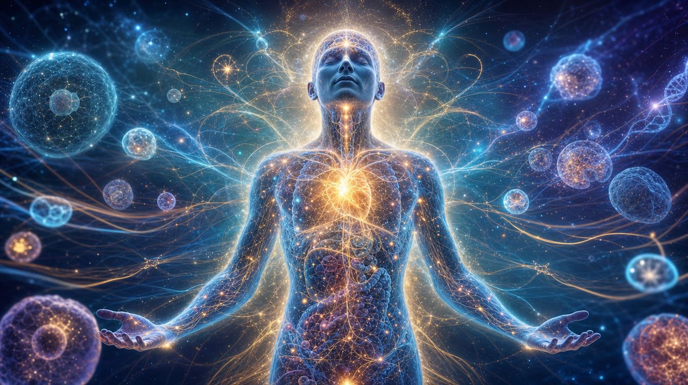 Corpo humano envolto em campo de energia dourada e azul